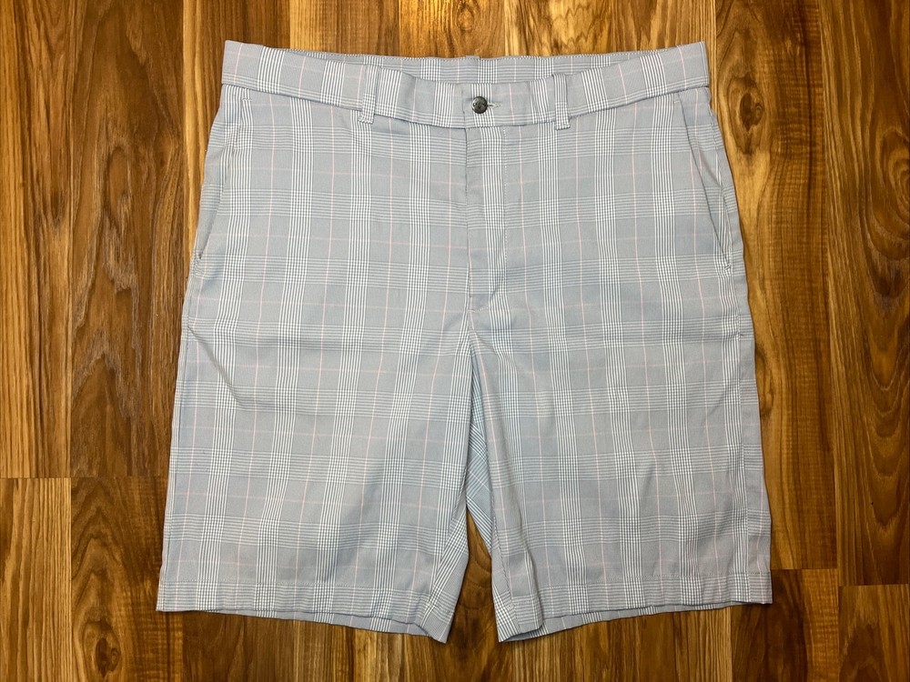 Callaway Opti Dri Golf Performance Shorts Men's 36x 10” Gray Pink Plaid Stretch