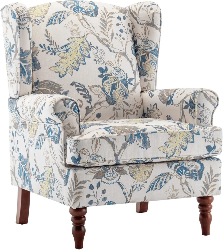 Floral Accent Chair, High Back Upholstered Armchair Blue Modern Rectangular 1pk