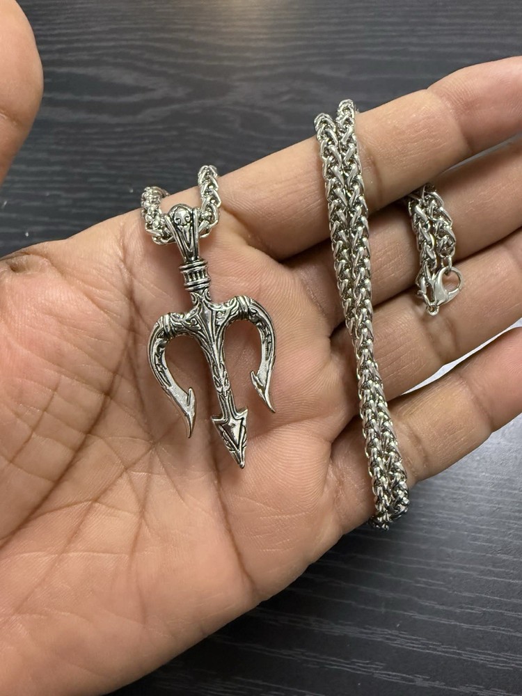 Silver Viking Trident Amulet Pendant Necklace Braided Chain Lobster Clasp
