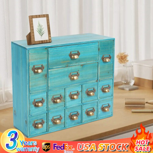Retro 14-Drawer Wooden Jewelry Organizer Storage Cabinet for Bedroom or Tabletop