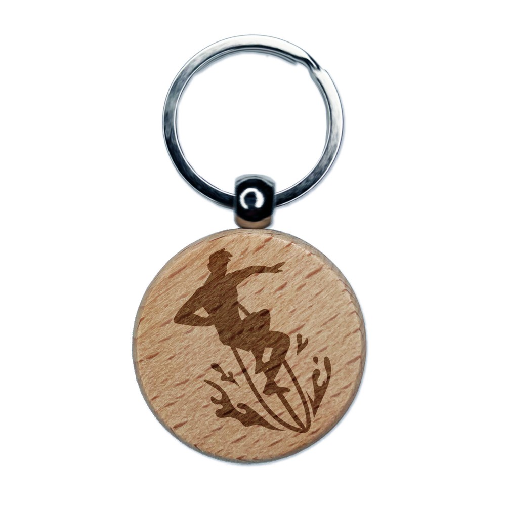 Surfer Surfing Man Silhouette Engraved Wood Round Keychain Tag Charm
