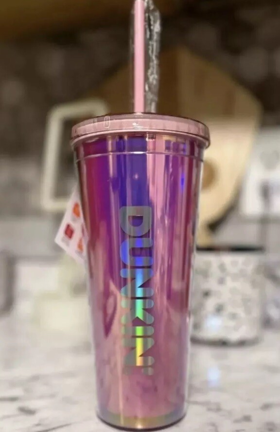 New Dunkin Donuts Valentines Day Iridescent Tumbler Heart Straw Travel Cup Pink