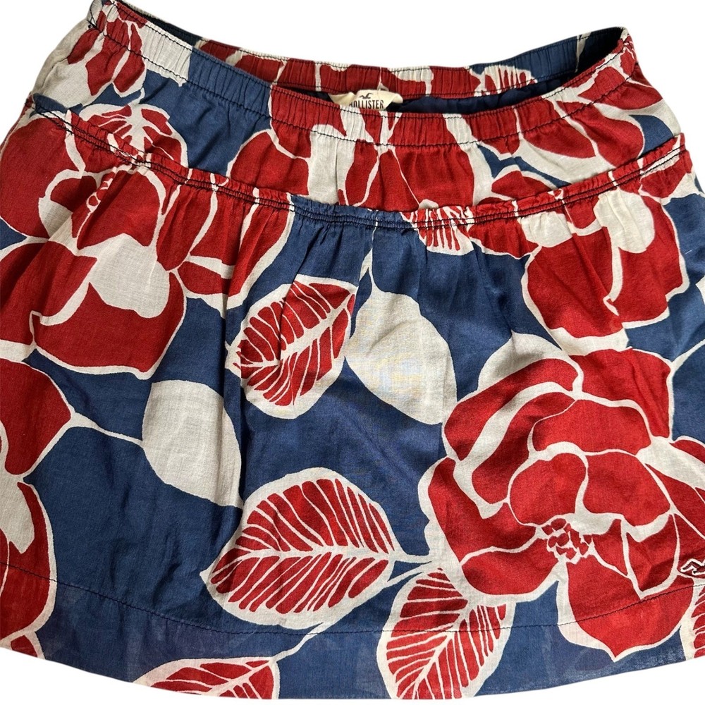 Hollister Mini Skirt Womens M Blue Red Floral Cotton Elastic Waist Tiered Summer