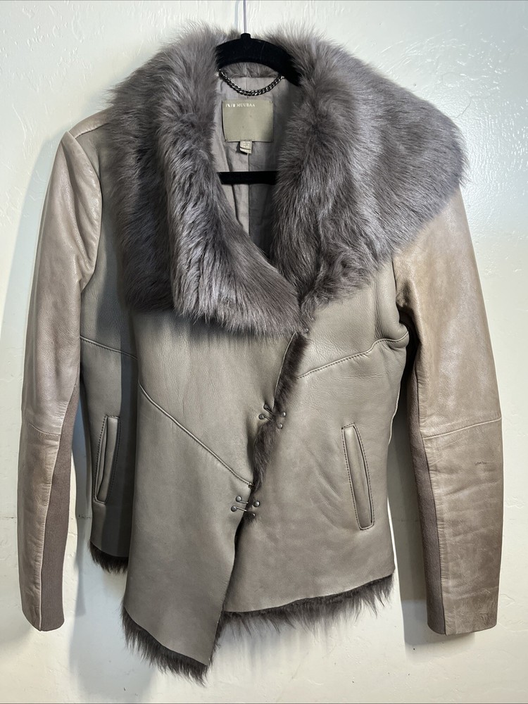 Muubaa Heneley Shearling Jacket in Bisque Goat Leather Womens Gray Tan Fur US 8