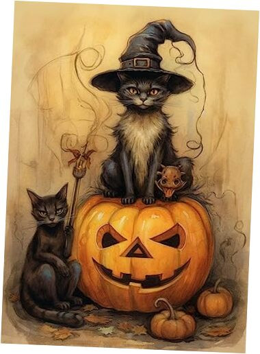 5D Diamond Art Kits for Adults Black Cat Pumpkin by Number Kits, Diamond