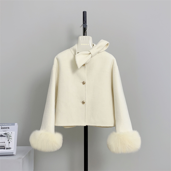 Fashion Womens Short Fox Fur Cuff Double Sided Cashmere Coat Winter Parka