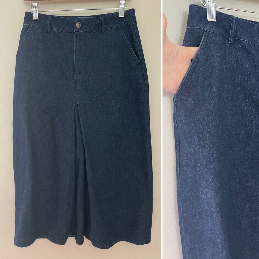 Boden Classic Dark Wash Pleated Midi Denim Skirt Size 6R