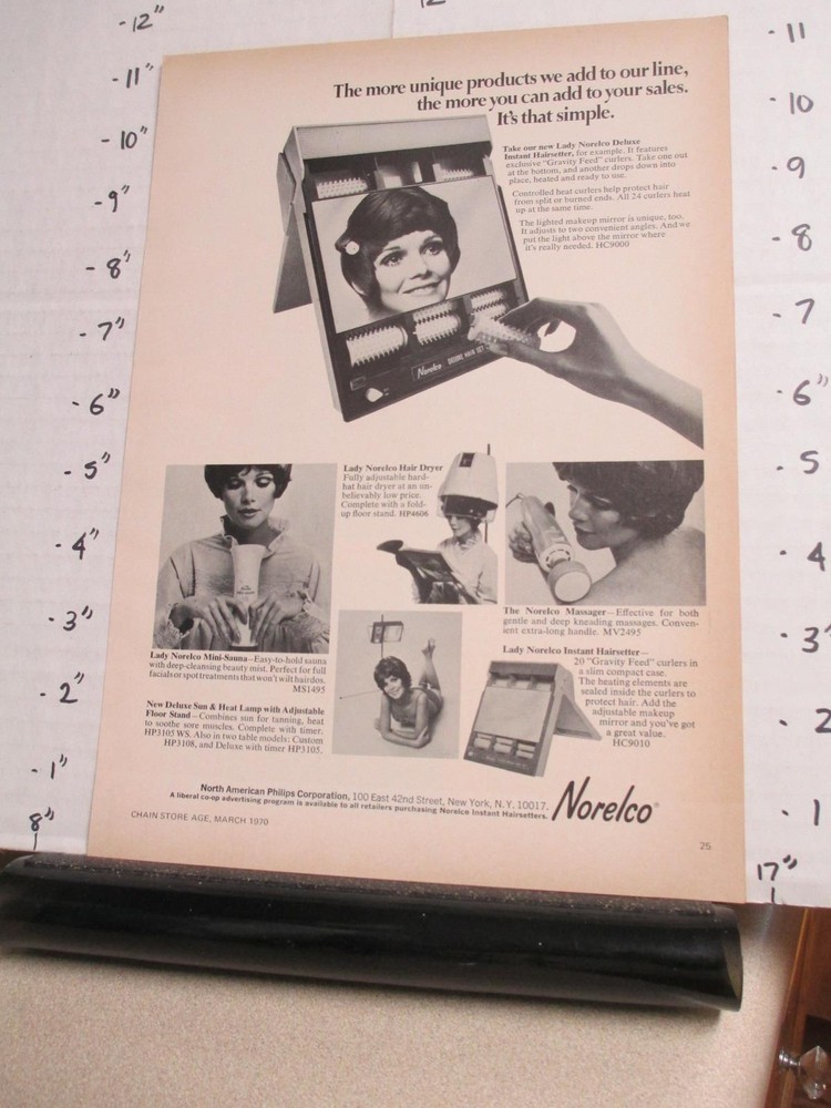 magazine ad 1970 NORELCO Philips NYC Lady hair setter sauna dryer massager