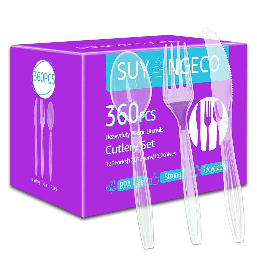 360 Count Clear Plastic Forks Spoons Knives Bulk Heavy Duty Plastic Silverwar...