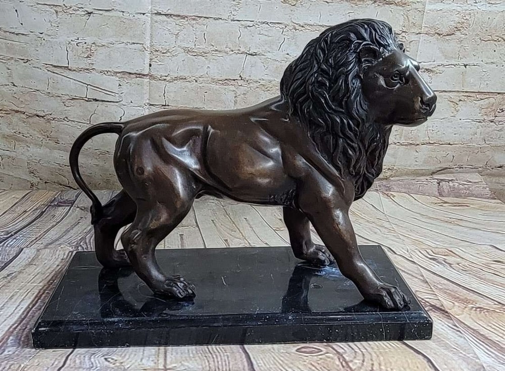 Real Bronze Metal Statue on Marble Base Male Lion Sculpture Art Deco Artwork NR