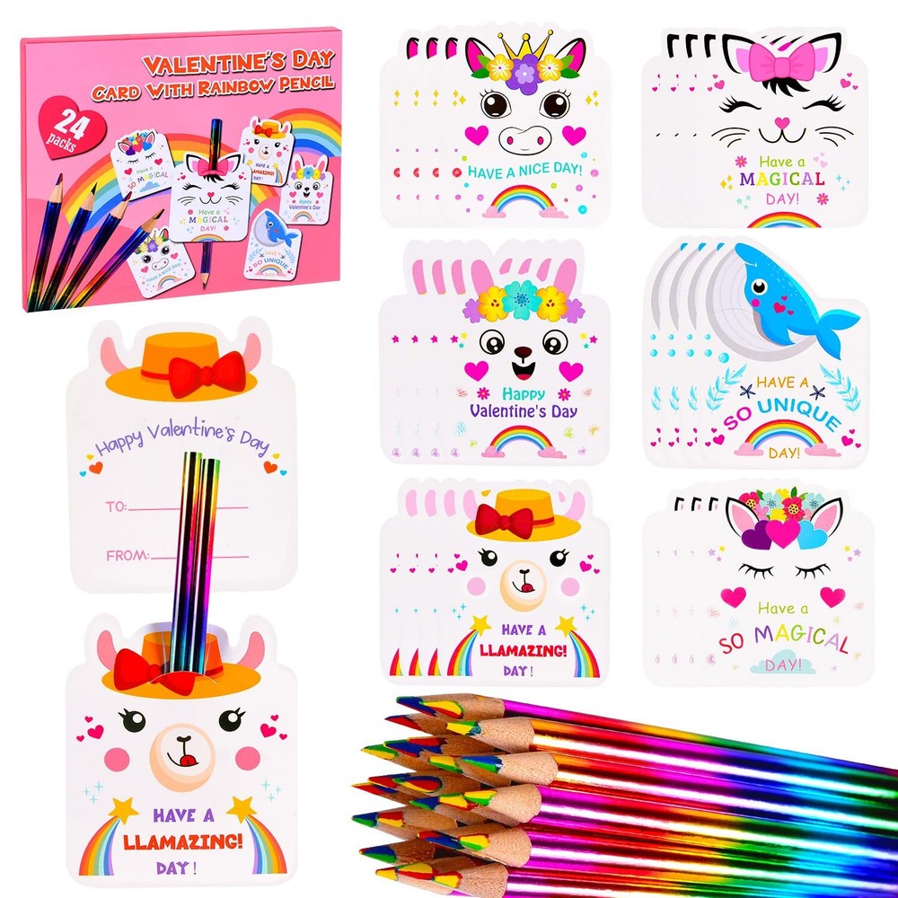 Valentines Cards for Kids Classroom- 24 Packs Rainbow Pencils with Animal Car...
