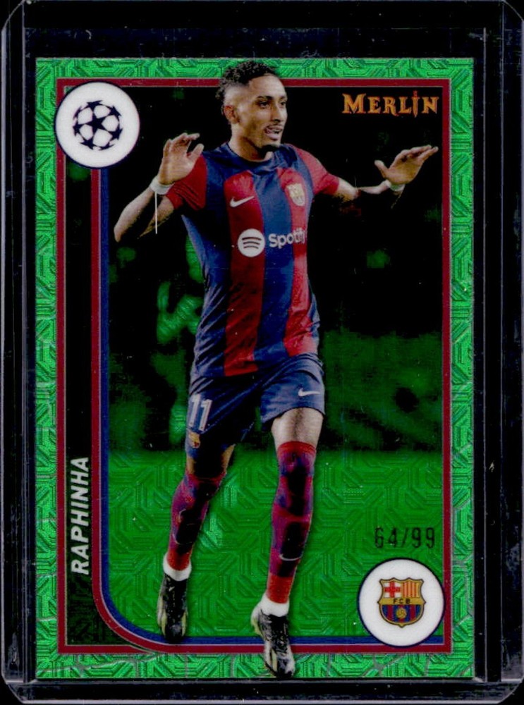 2023-24 Topps Chrome Merlin UEFA Raphinha Green Mojo Refractor #64/99 Barcelona