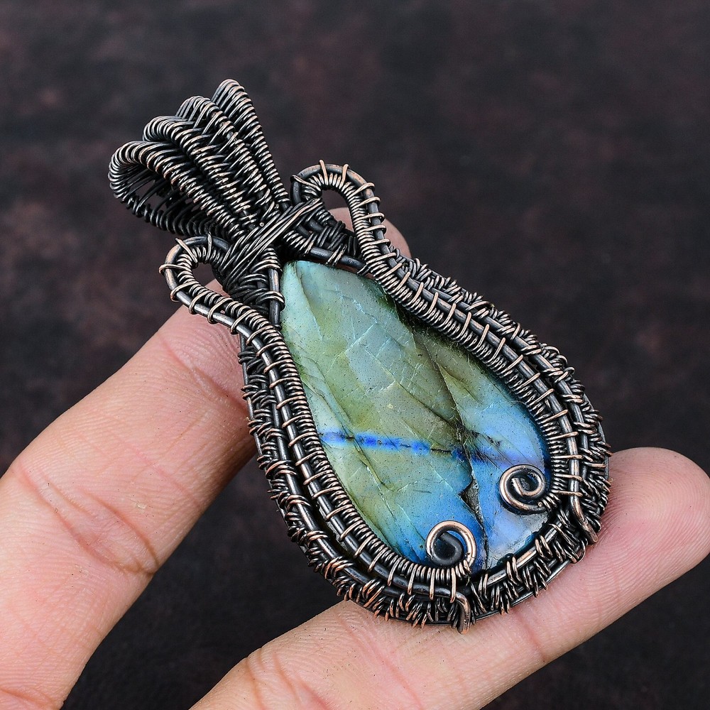 Christmas Sale Copper Natural Labradorite No Stone Wire Wrapped Birthday Pendant-image
