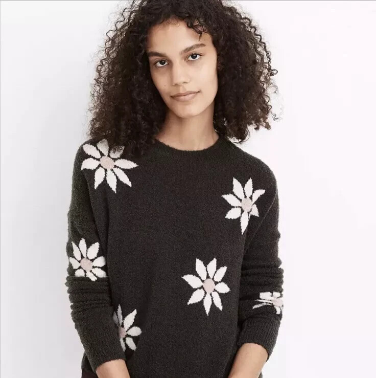 Madewell Sweater XS Gray Floral Intarsia Pullover Merino Wool Blend Lightweight