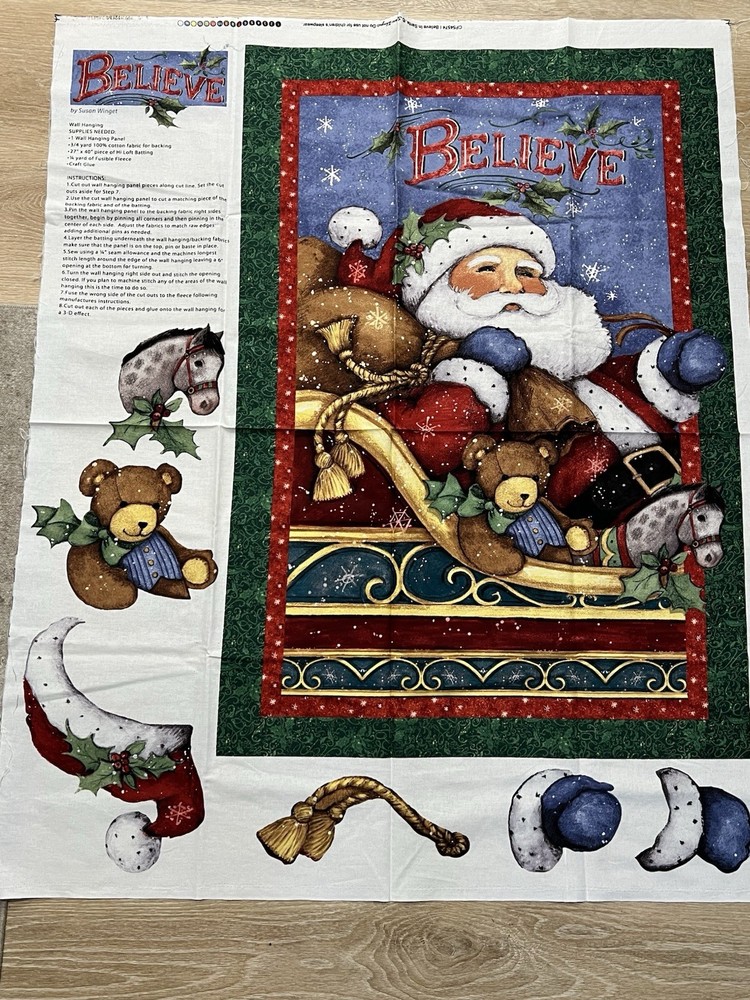 Sale Christmas I Believe in Santa Quilt Top Wall Hanging Panel Fabric Holiday-image