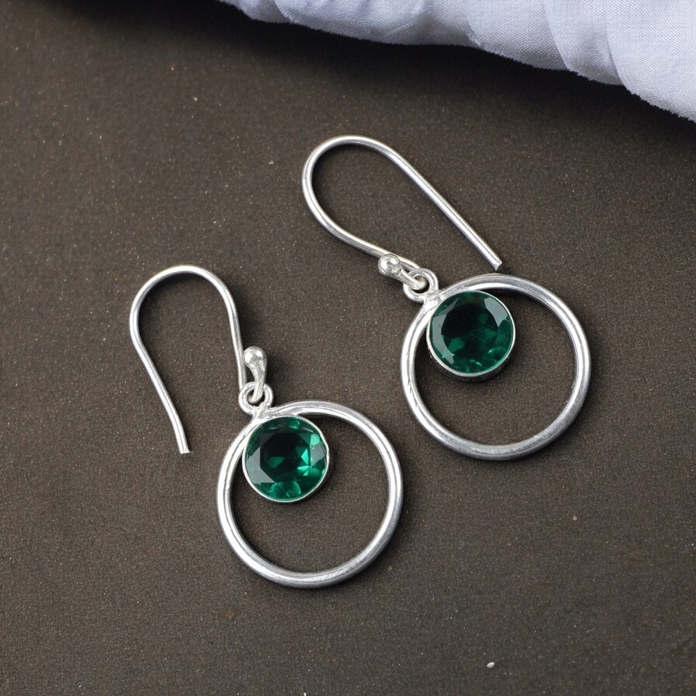 Natural Green Emerald 925 Silver Dainty Drop Earrings for Women