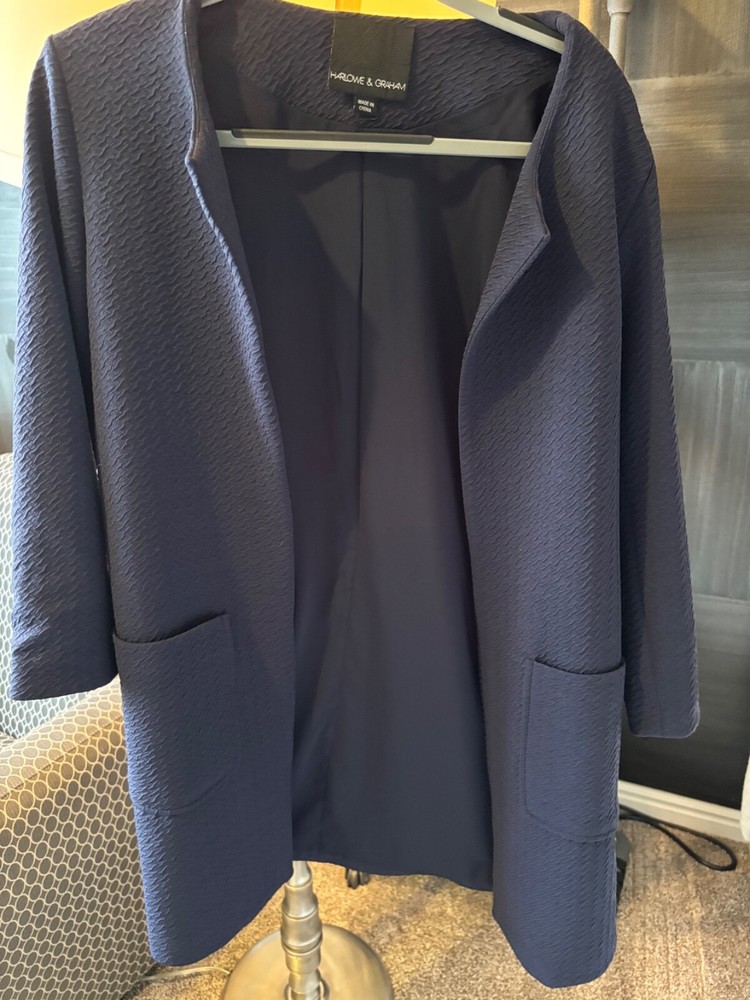 Vintage Harome & Graham Women Navy Long Open Jacket Zip Sides Medium Polyester**