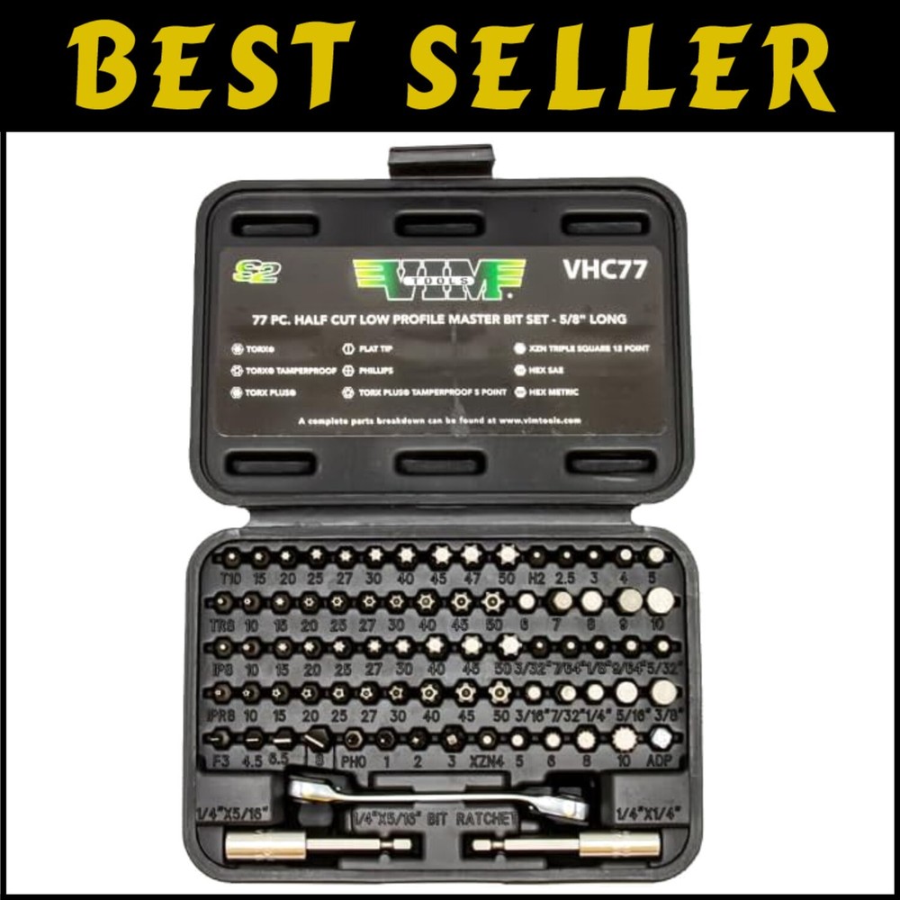 77-Piece Half Cut Stubby Bit Set with Torx Hex Phillips in Durable S2 Steel  