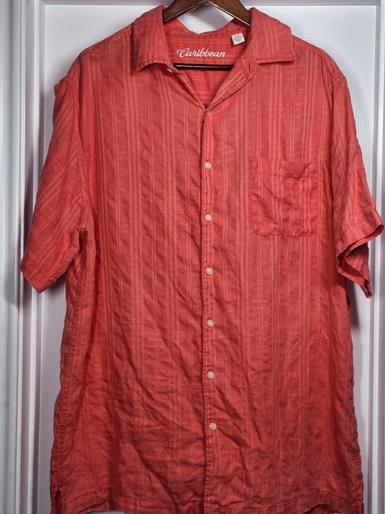 Red Linen Blend Caribbean Shirt for Men - Large Tall Short Sleeve Button-Up