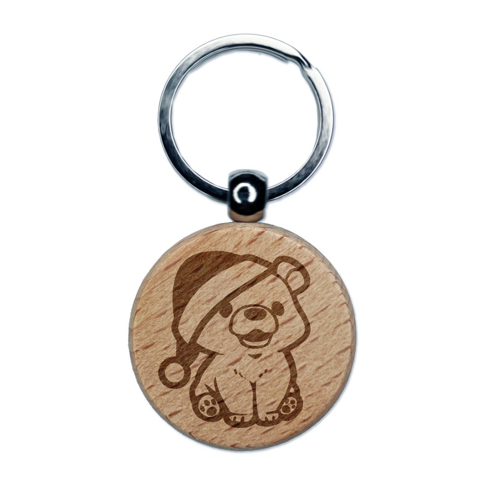 Festive Santa Hat Wooden Keychain with Bear Cub Engraving
