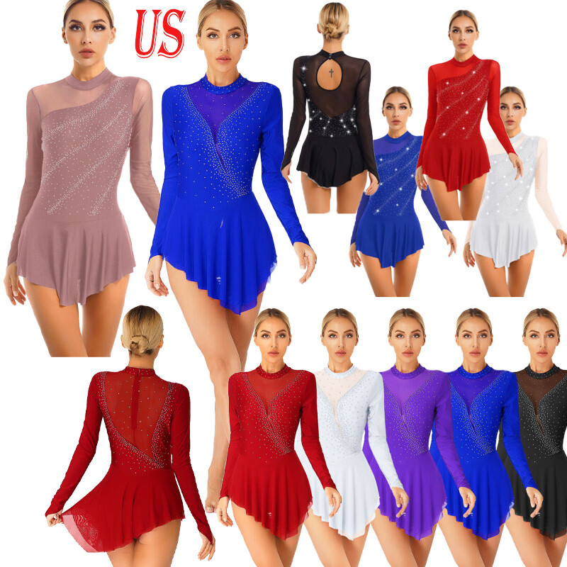 US Womens Long Sleeve Ice Skating Dance Dress Ballet Gymnastic Leotard Dancewear