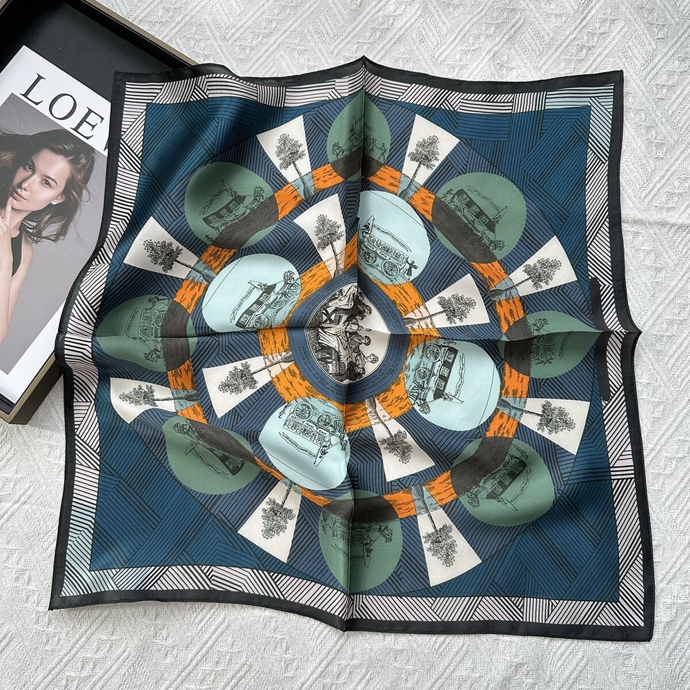 100% Silk 21 Inch Square Scarf for Women - Lightweight Satin Wrap Turban with Geometric Design