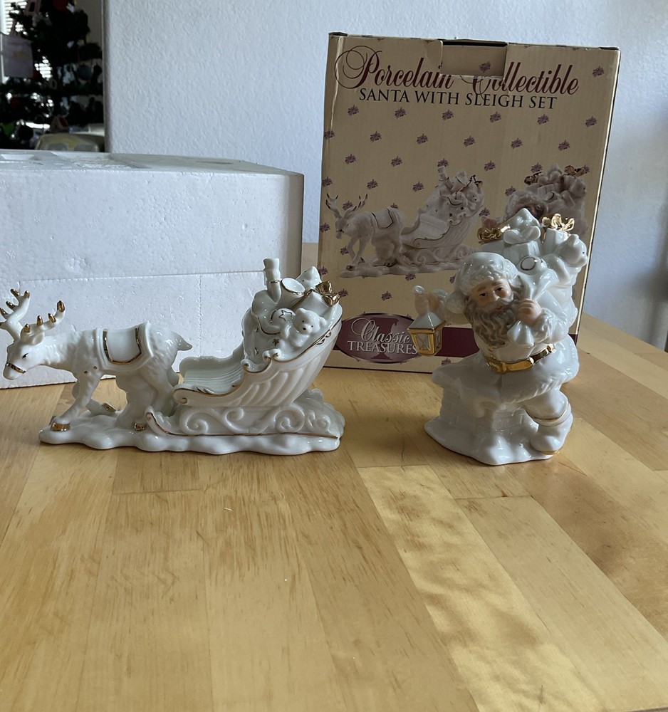 Classic Treasures Christmas Porcelain Collectible Santa Reindeer Sleigh Figurine
