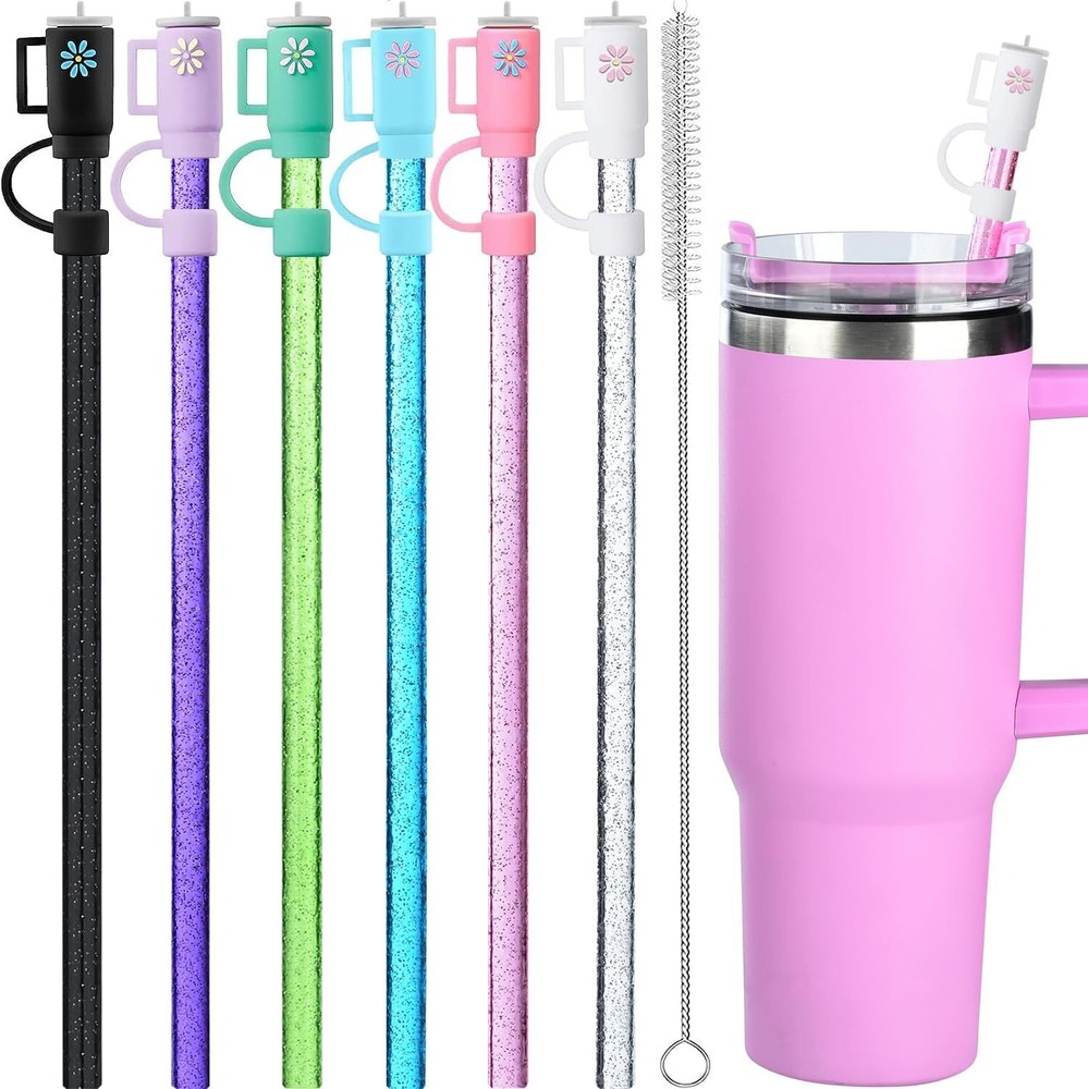 12x Replacement Glitter Straws With Covers For 40 Oz Stanley Travel Tumbler Cup