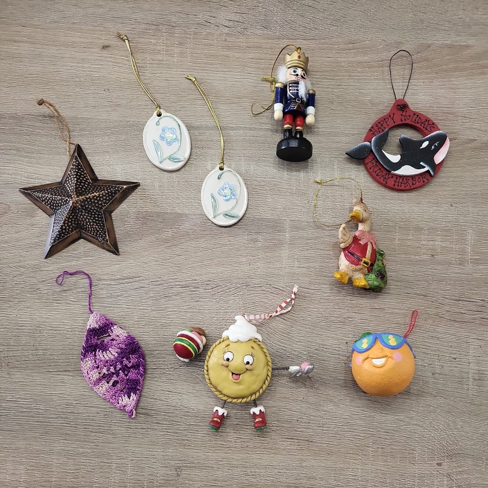 Vintage Christmas Ornament Set: Mother Goose, Nutcracker, Orange, Star, Cake