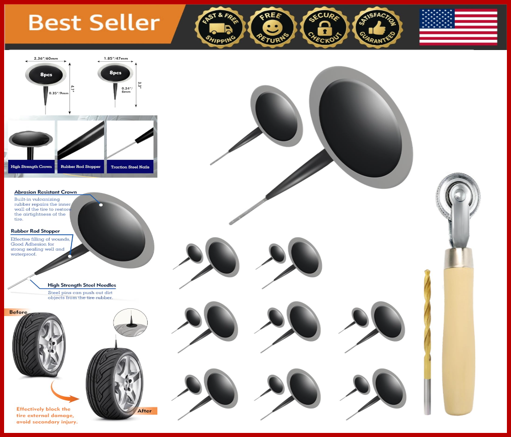 Tire Repair Kit 16Pc | Puncture Plug Tools & Patch Roller | Car & Bike Fix