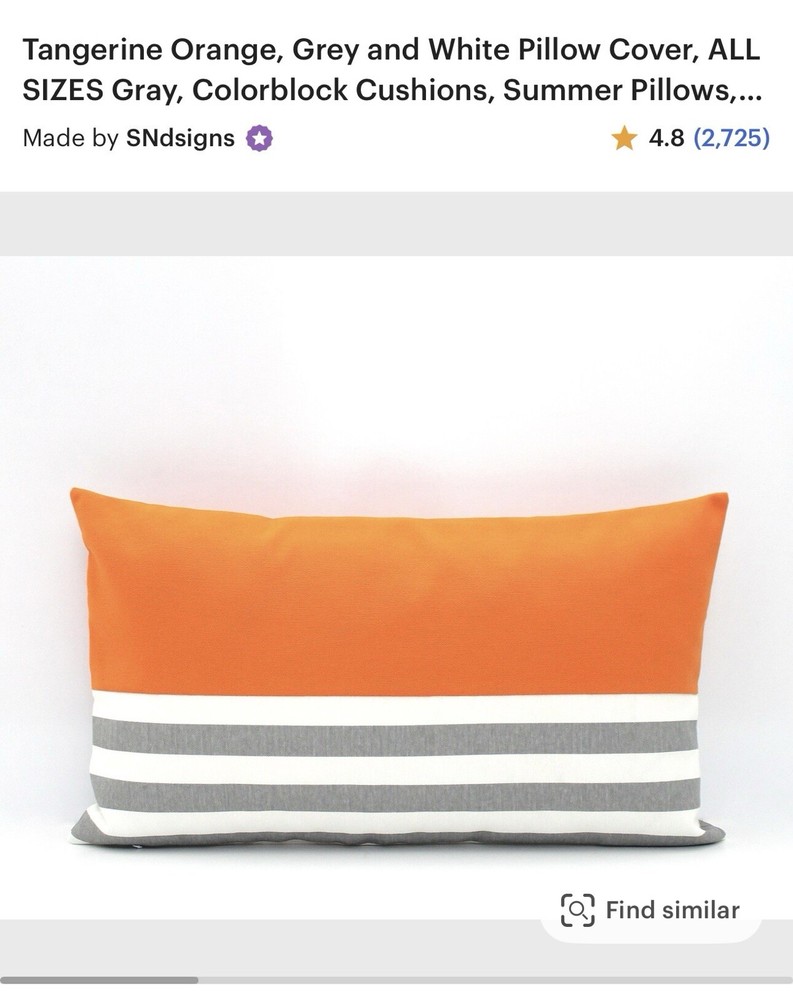 Tangerine Orange, Grey & White Lumbar Pillow Cover; 12 X 20; Cotton