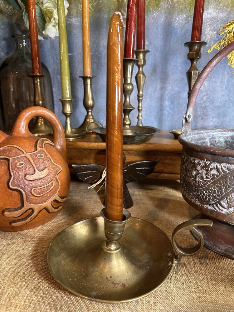 Antique Brass 6-Inch Taper Candle Holder with Finger Loop and Drip Tray