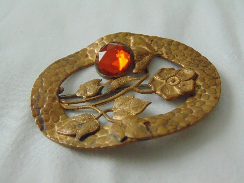 antique Victorian brass red crystal carbuncle sash brooch/pin C clasp