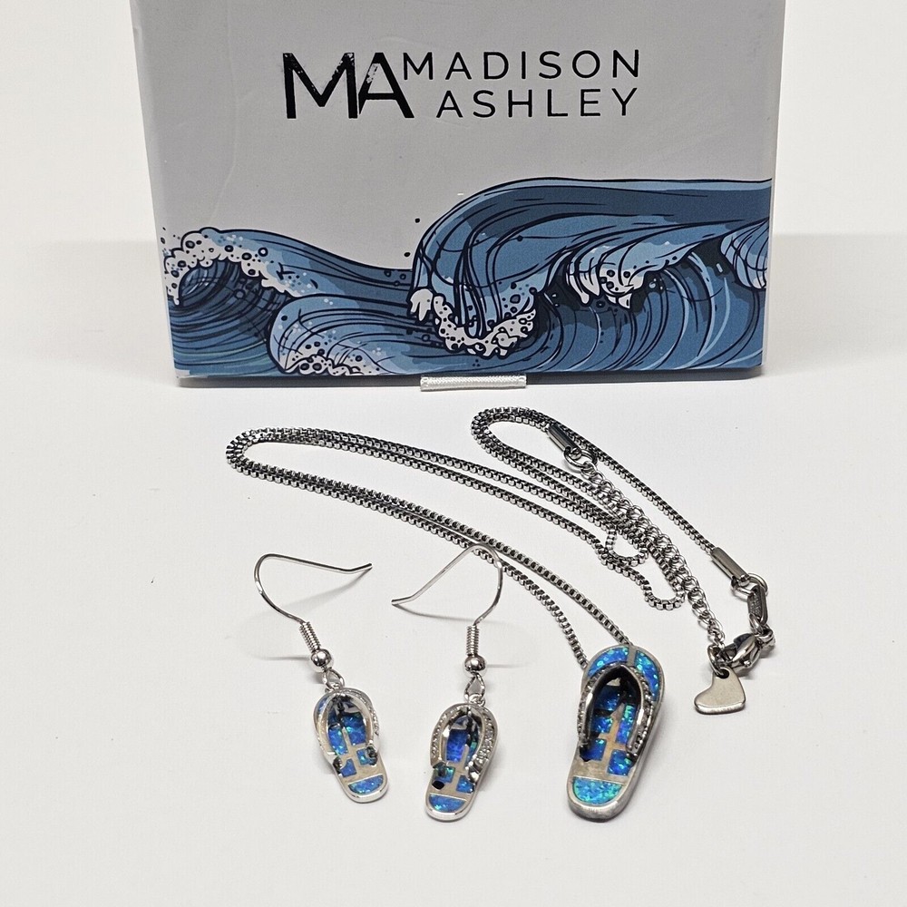 Sterling Silver Opal Flip Flop Dangle Earrings and Necklace Set by Madison Ashley  