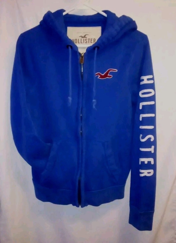 Hollister Hooded Jacket Womens Small Blue Zipup Sweatshirt Logo Sleeve Letters