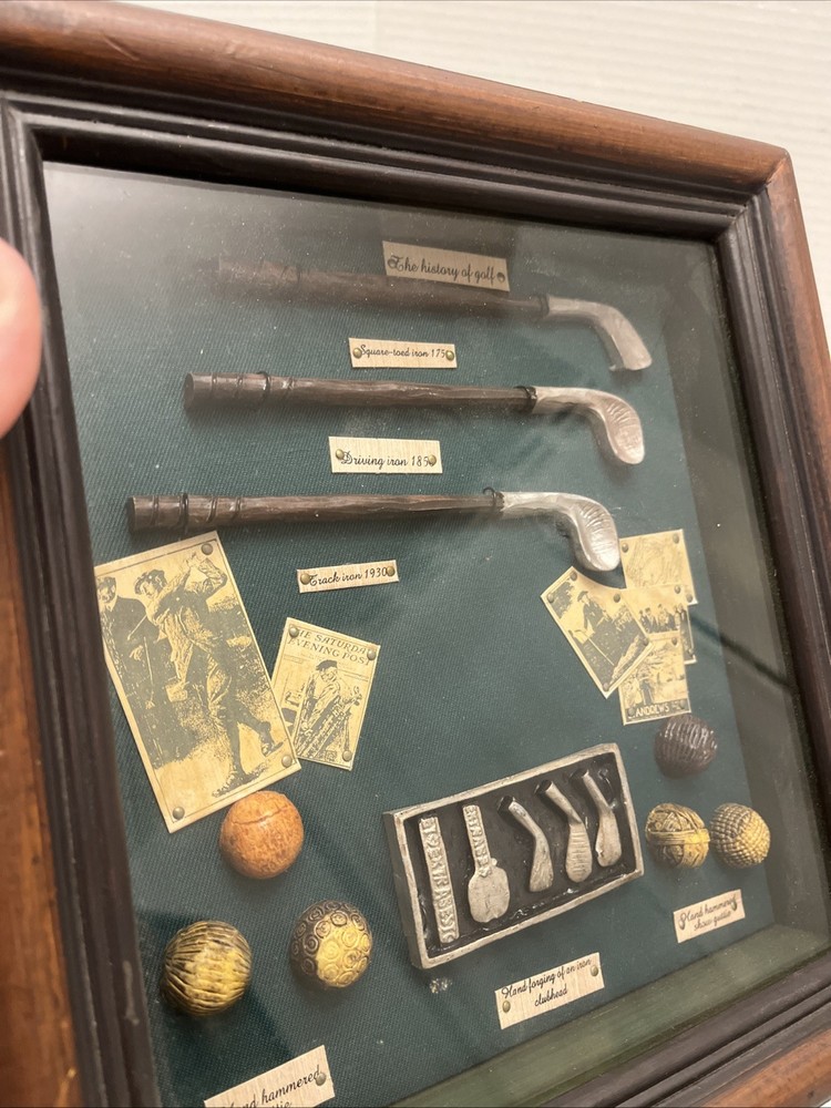 Vintage Golf History Wooden Shadow Box Display 11x10 Inches