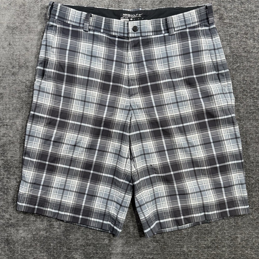 Nike Golf Dri-Fit Shorts Men’s Size 34 Black Blue White Plaid Activewear Stretch