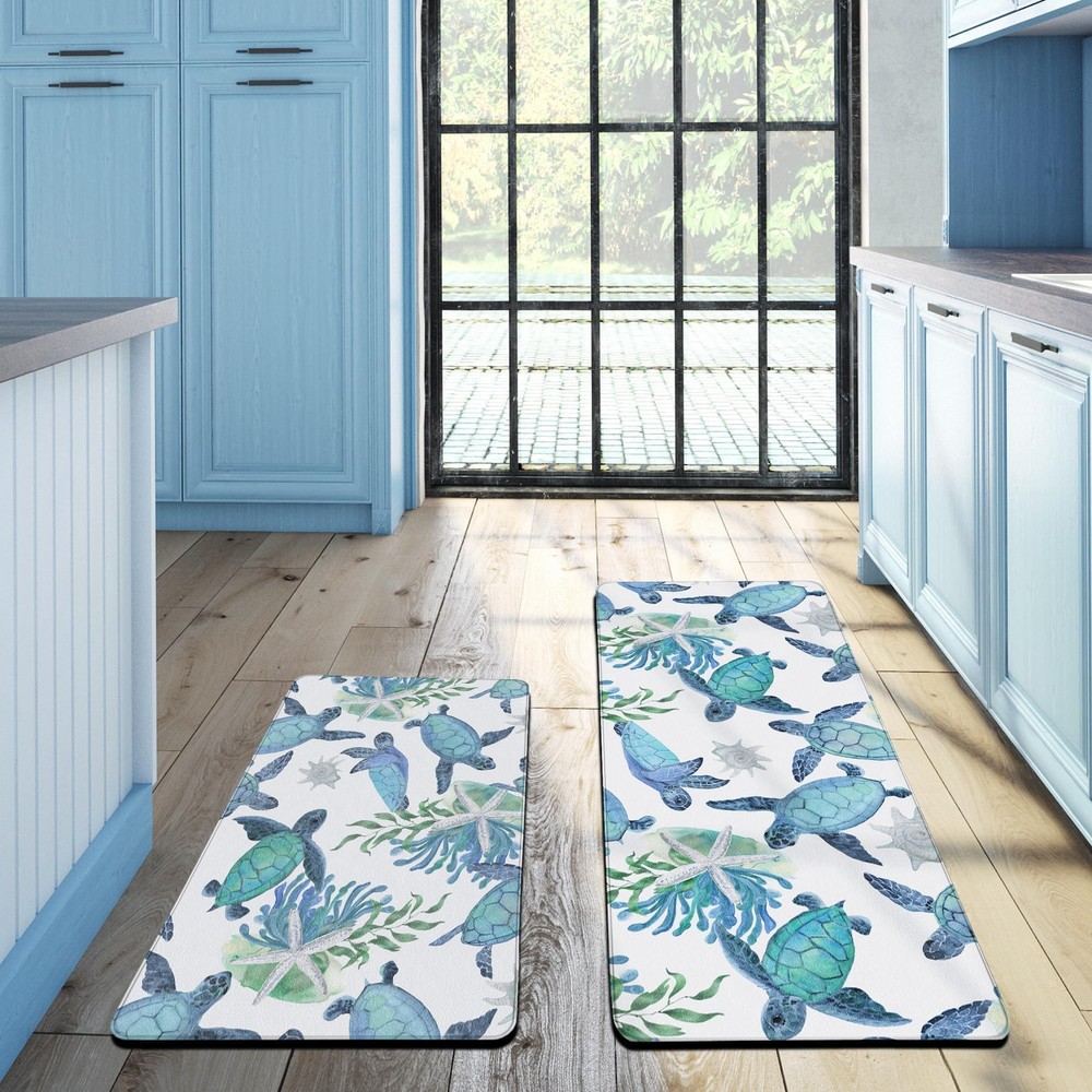 Coastal Beach Kitchen Rug Set of 2 Cushioned Anti-Fatigue Floor Mats