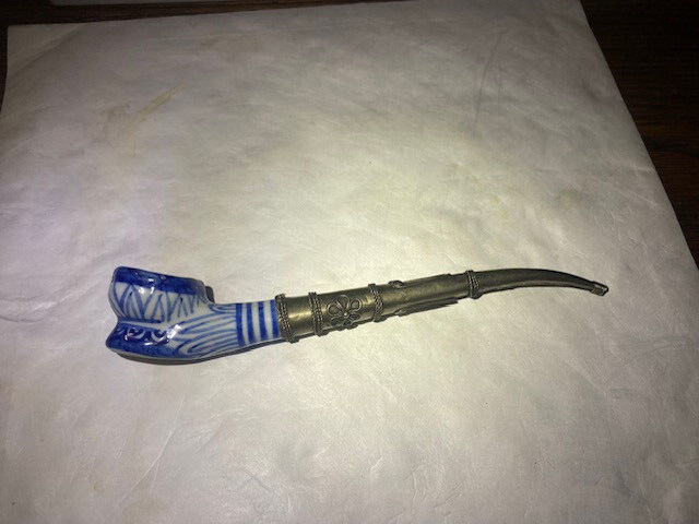 Thailand Blue & White Ceramic with Metal Stem Pipe