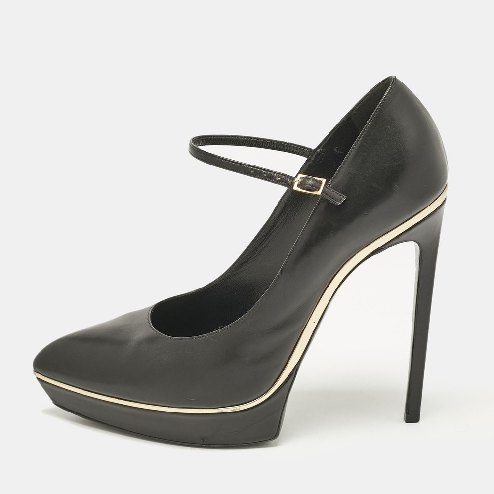 Saint Laurent Black Patent Leather Pointed Toe Ankle Strap Platform Pumps Size 38