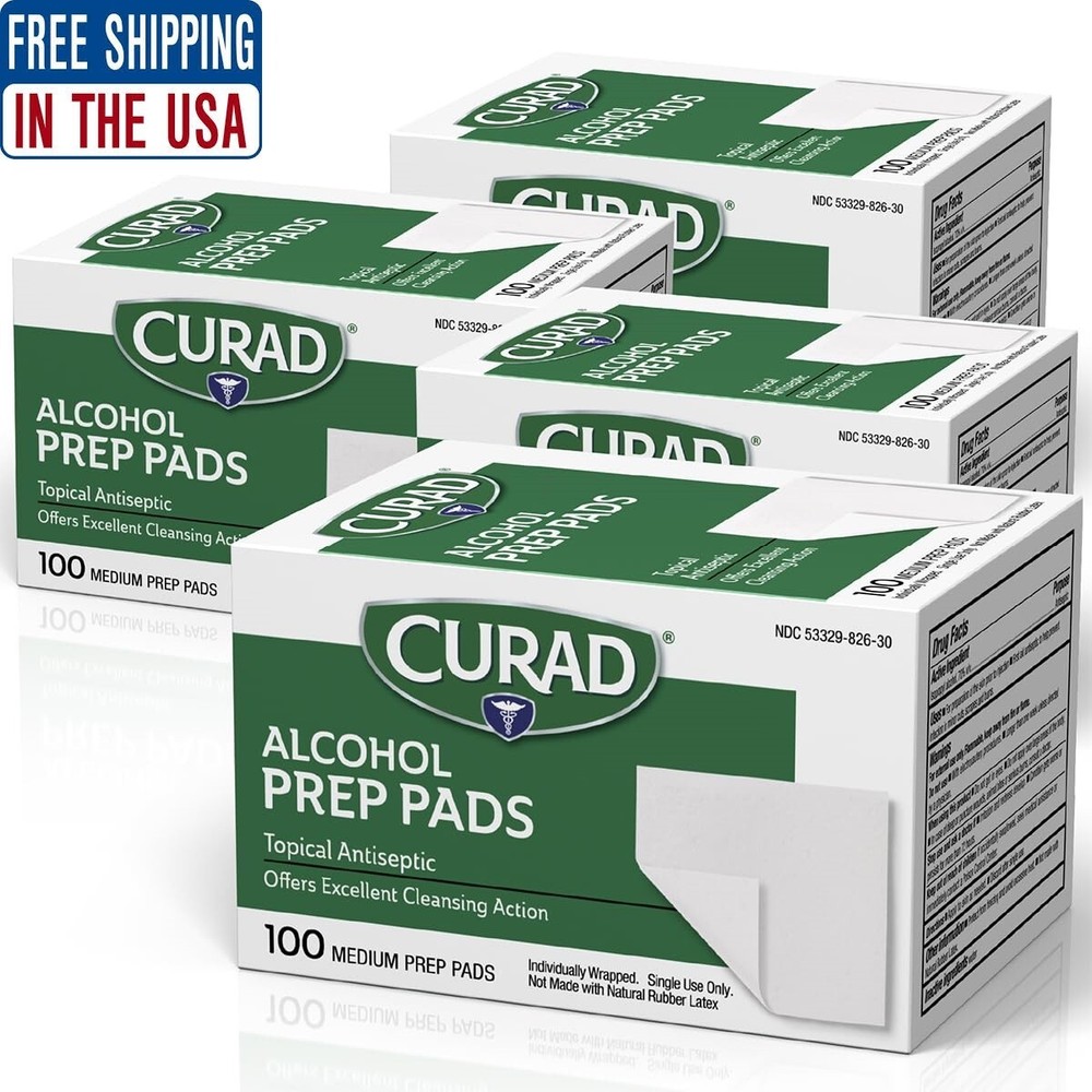 Curad Alcohol Prep Pads Swabs Wipes - 4Box 400 Counts Isopropyl Wipes Thick Pad.