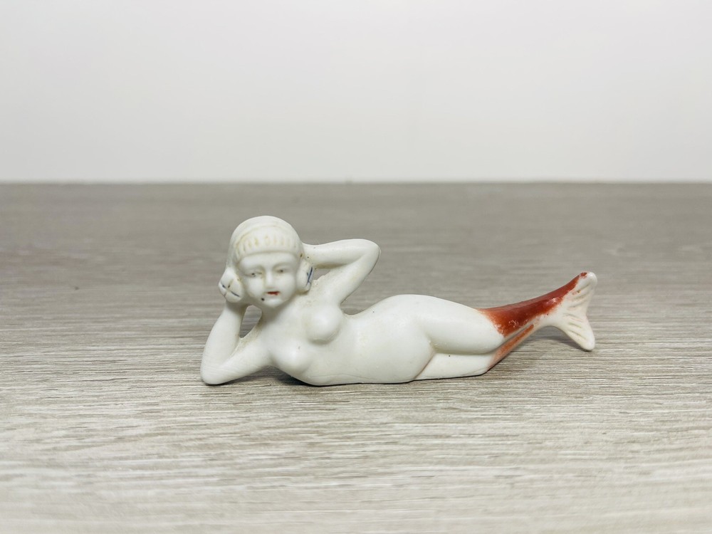 Vintage Japanese Ceramic Bisque Mermaid Figure with Red Tail Nude Pose