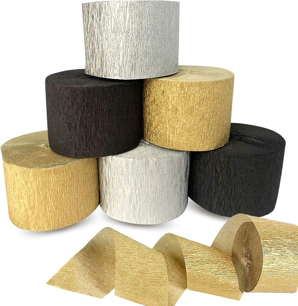 Crepe Paper Streamers 6 Rolls 492Ft, Pack of 2 Gold, 2 Silver, 2 Black - Streame