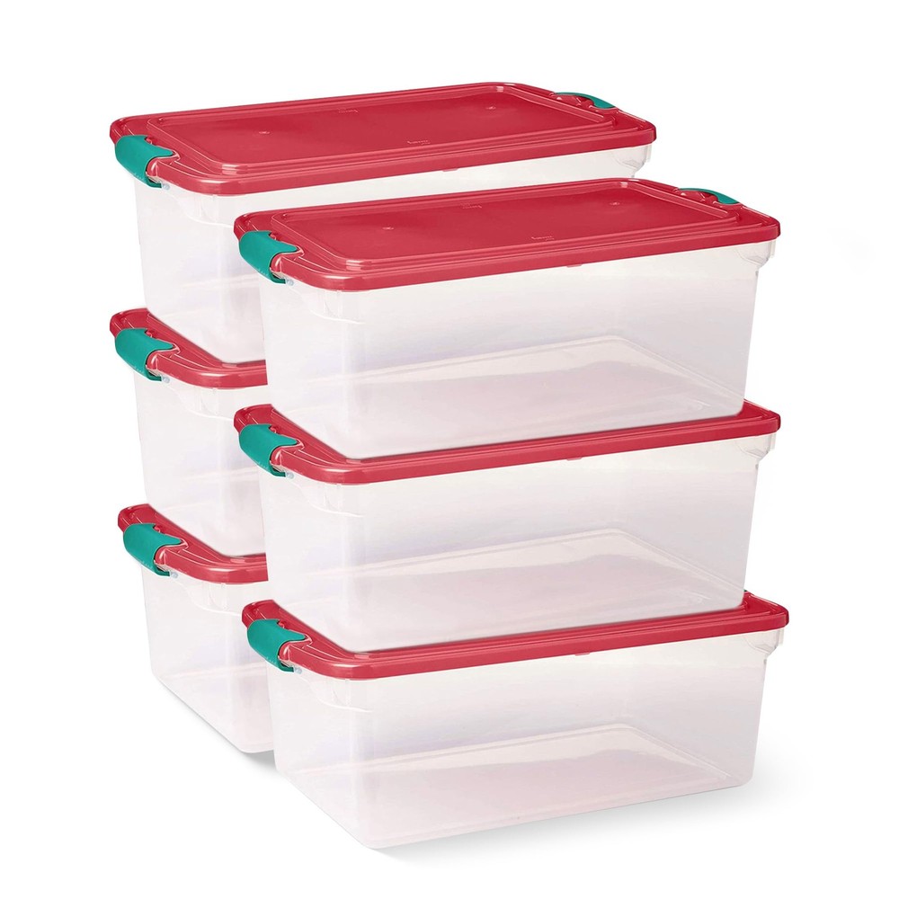 6-Pack Holiday Tote, Plastic Storage Organizer Bins with Lids, 64 Quart, Clea...