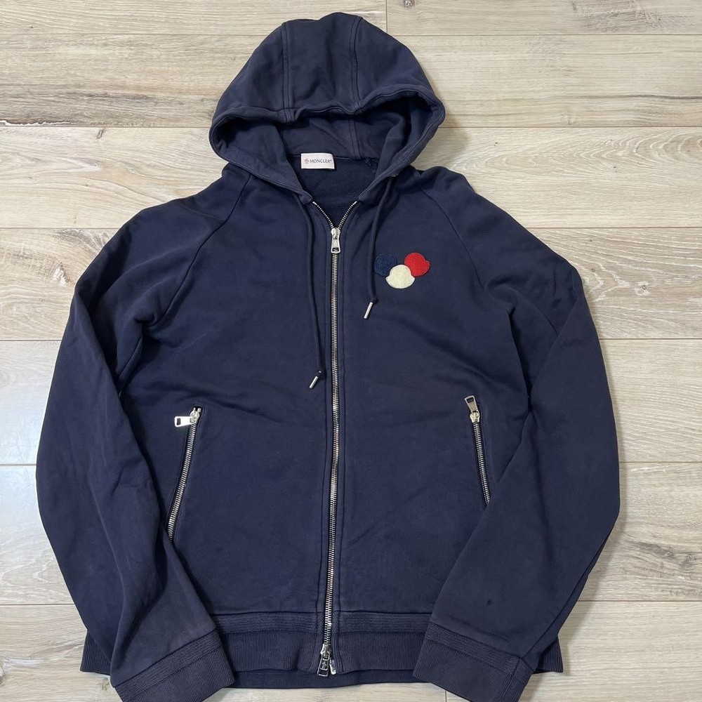 Moncler Mens Navy Zip Hoodie Size L Logo Patch Front Streetwear Authentic