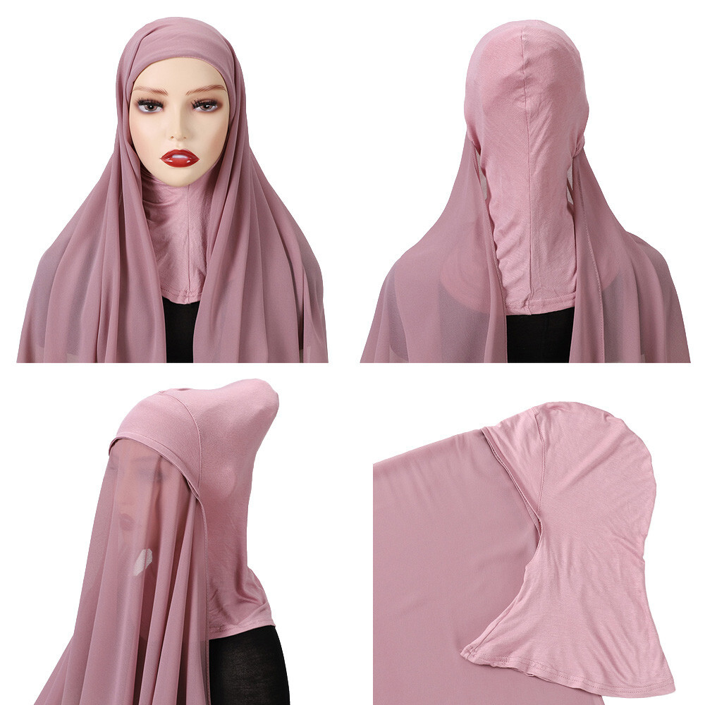 Full Cover Muslim Chiffon Hijab Instant Scarf Islamic Cap Headwear-image