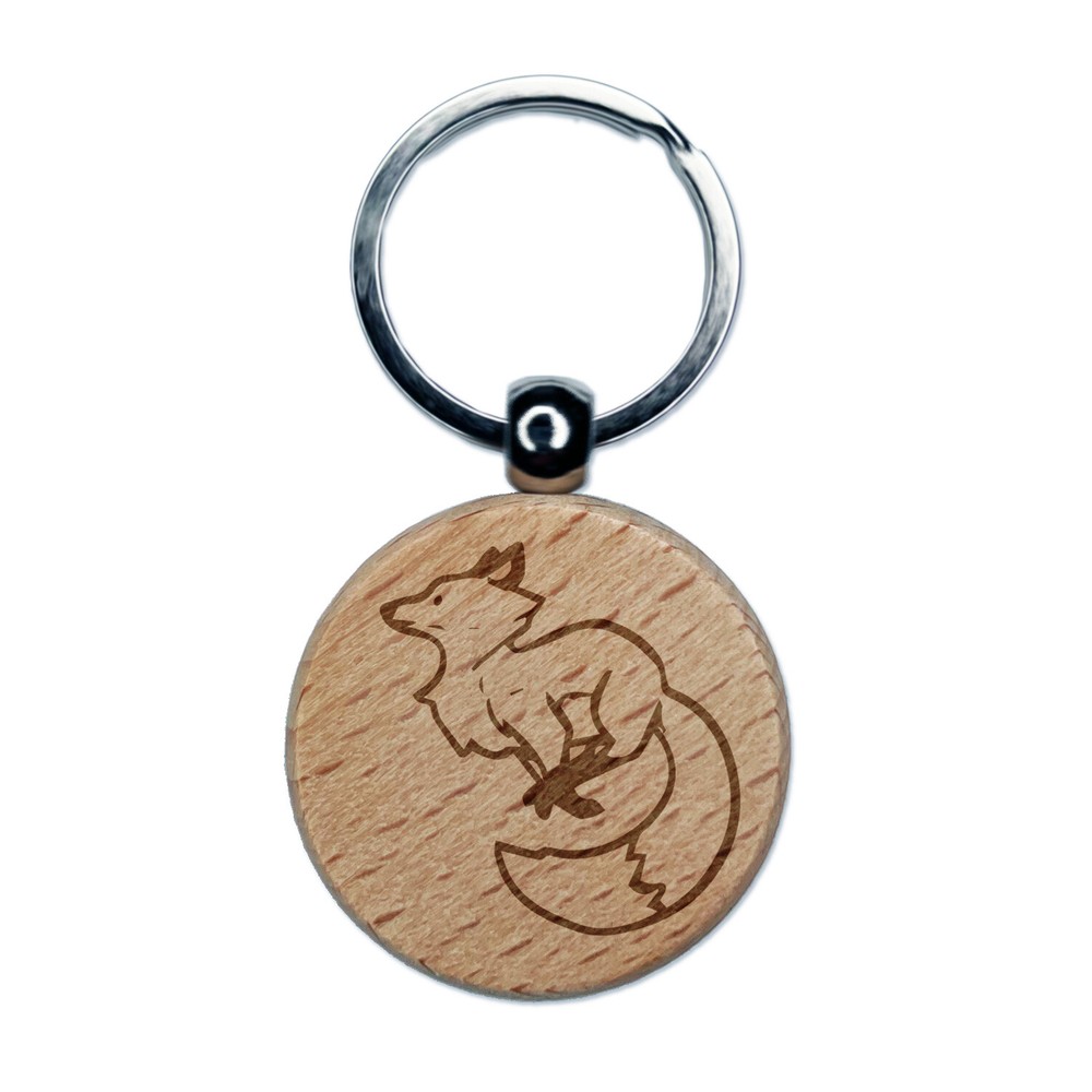 Elegant Leaping Fox Engraved Wood Round Keychain Tag Charm