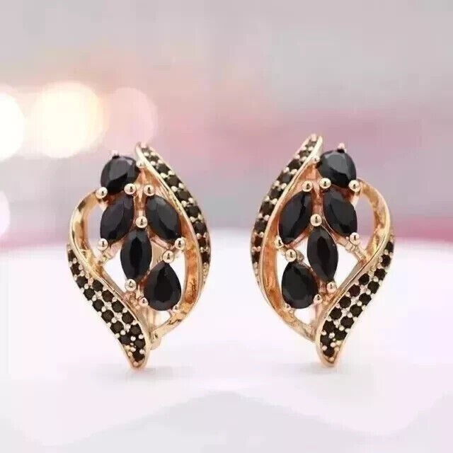 Marquise Simulated Black Diamond Women's Stud  Earrings In 14k Rose Gold Plated