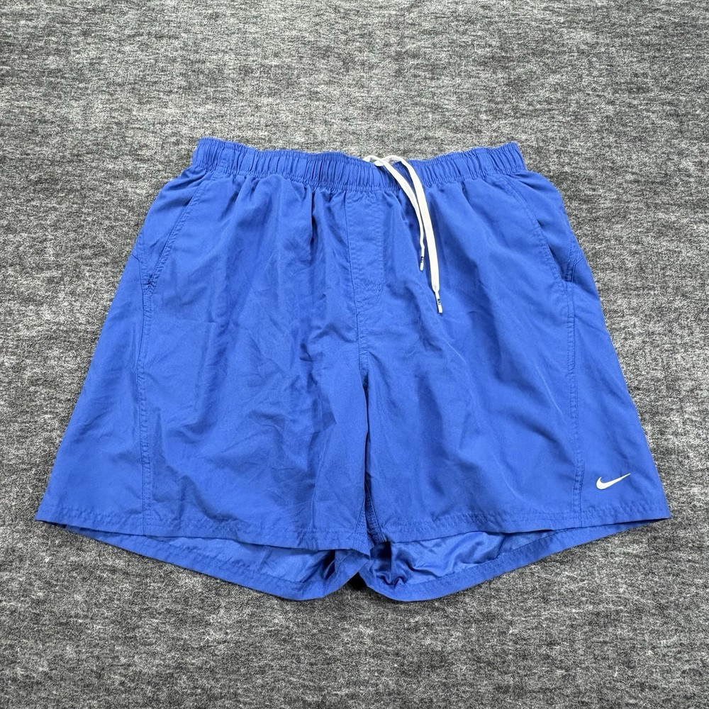 Y2K Nike Swim Shorts Men’s XL Blue Lined Athletic Beach Trunks Drawstring Logo