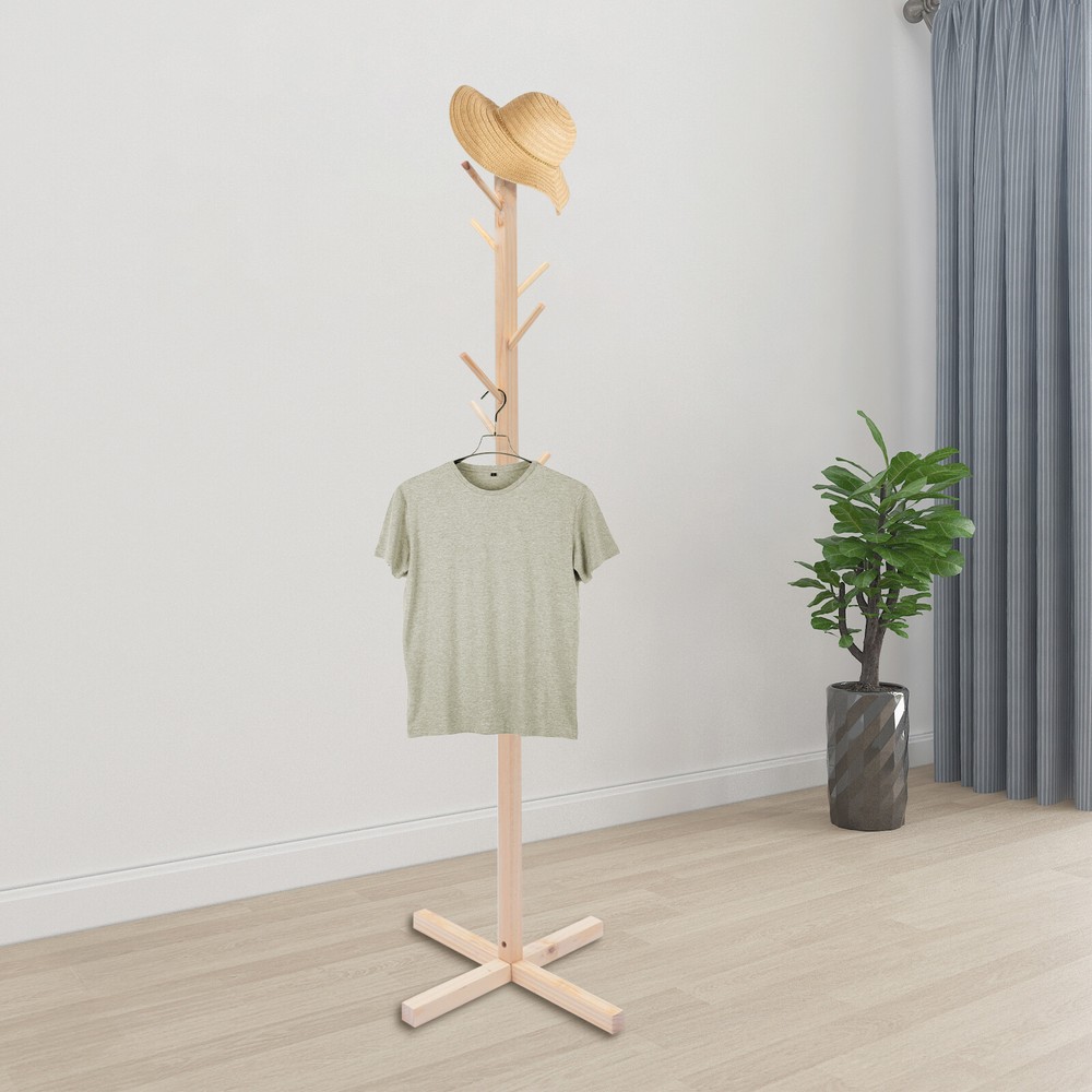 Portable Wooden Floor Clothes Rack Hat Coat Rack Tree Stand Hanger 8 Hooks